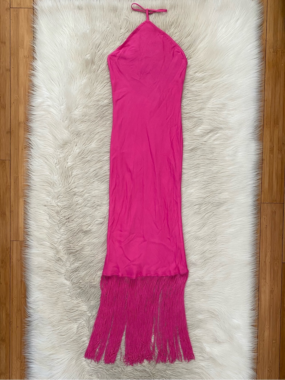 Camila Coelho Payton Maxi Dress Hot Pink Halter Neck Sleeveless Fringe Hem S - Picture 2 of 11